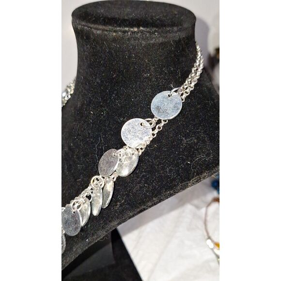 A Double Layered Silver Disc Women's Necklace Coin Statement Cocktail Evening - Picture 4 of 9